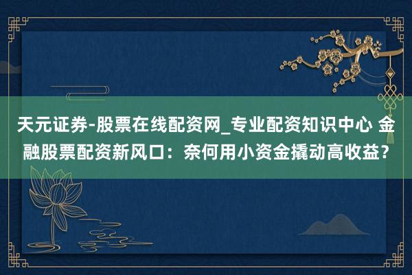 天元证券-股票在线配资网_专业配资知识中心 金融股票配资新风口：奈何用小资金撬动高收益？